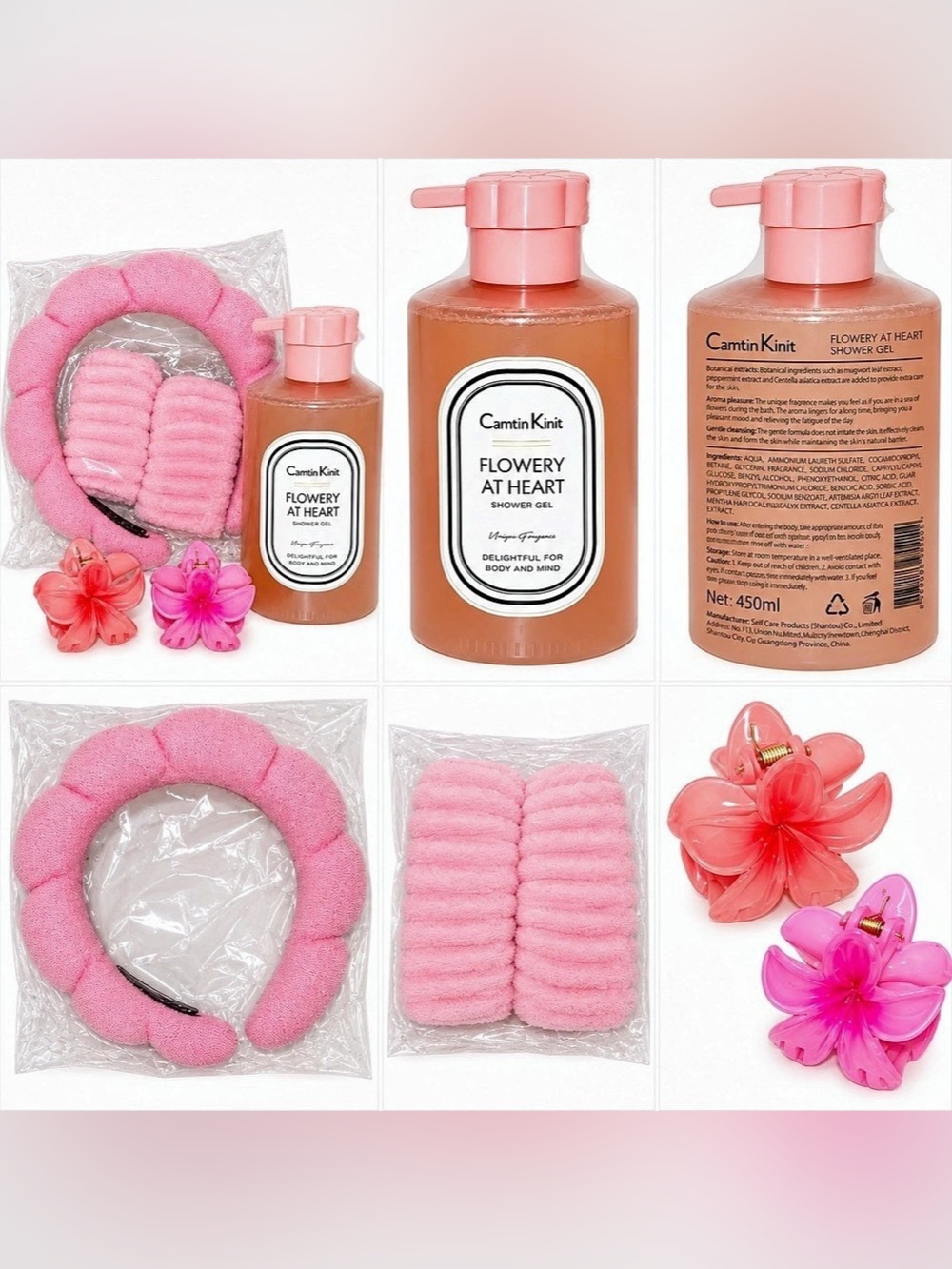 Pink Flower Bath & Shower Gift Set 6-Piece Spa Self-Care Set